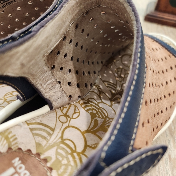 Fly London Yuti Wedge Peep Toe Perforated Sandal Suede ,Tan/Navy ,38 US Womens 7 - Picture 7 of 10